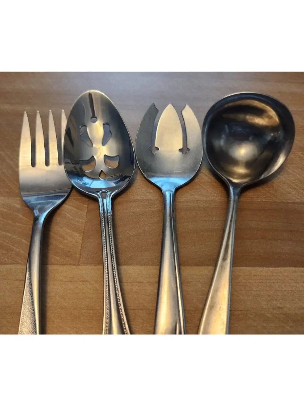 Set of 4 Mismatched Stainless Steel Serving Utensils Slotted Spoon, Forks, Ladle